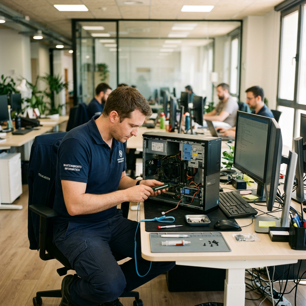 IT technician seated at desk installing memory module in open desktop computer case