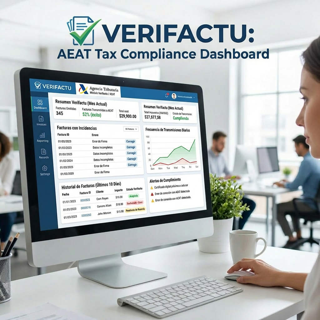 Computer screen displaying VERIFACTU AEAT Tax Compliance Dashboard showing invoices, error corrections, transaction status, and compliance alerts